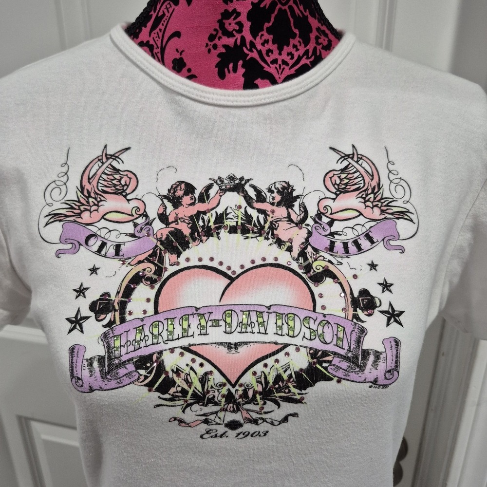 Y2K Harley Davidson Baby Tee Top Juniors XL White Tattoo Print Bling Glam Heart